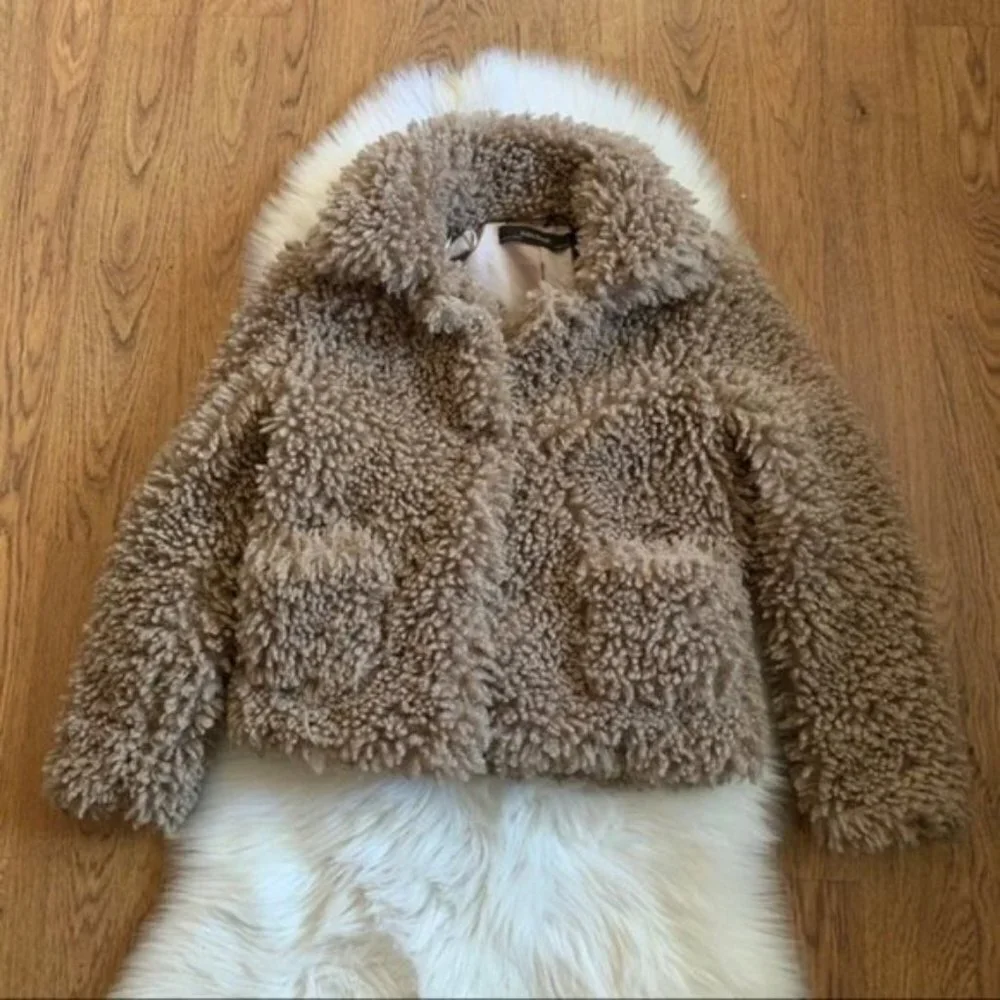 Zara Brown Teddy Bear Lined Cozy Coat Jacket Small collared